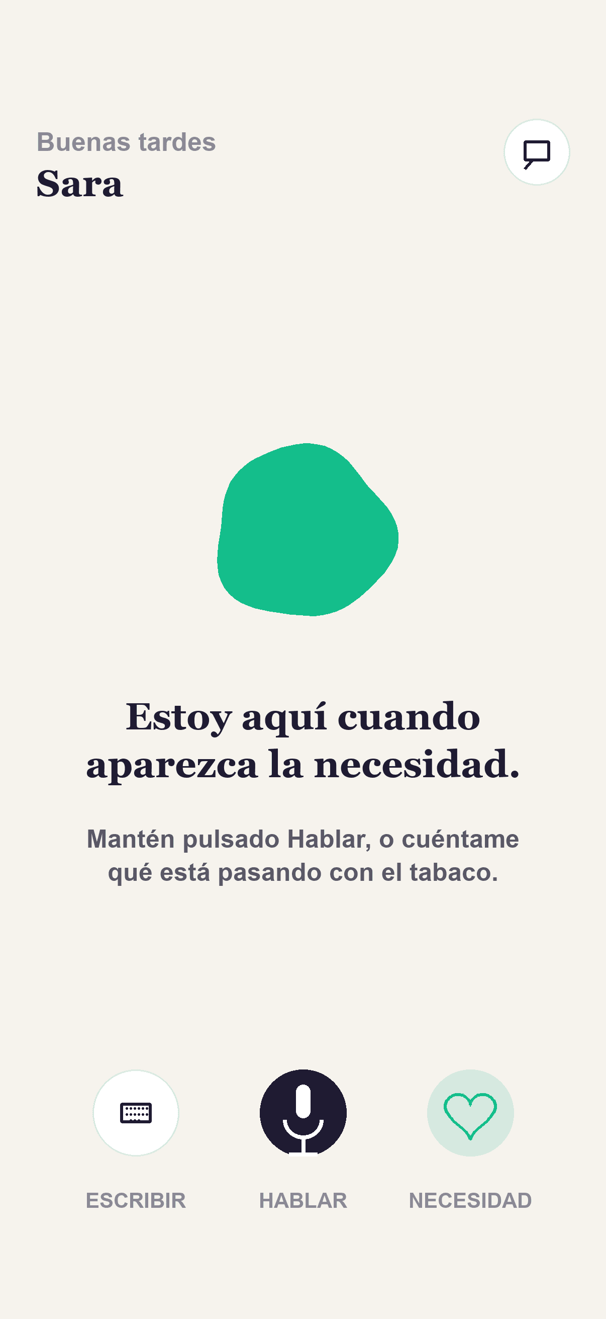 Pantalla inicial de Kaivo con un mensaje de apoyo para cuando aparece el antojo