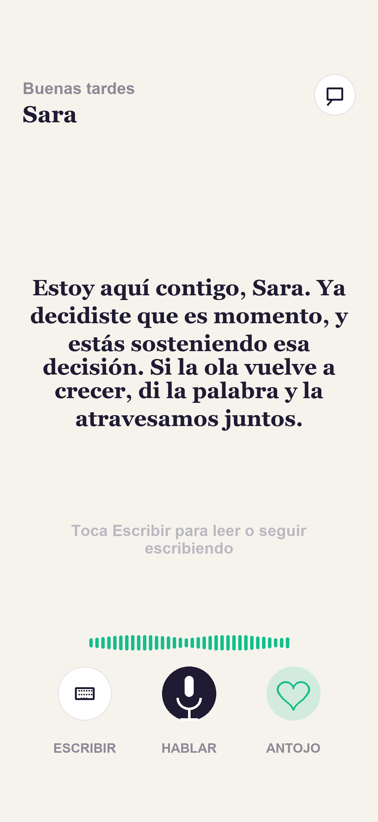 Pantalla de voz de Kaivo con una respuesta de apoyo