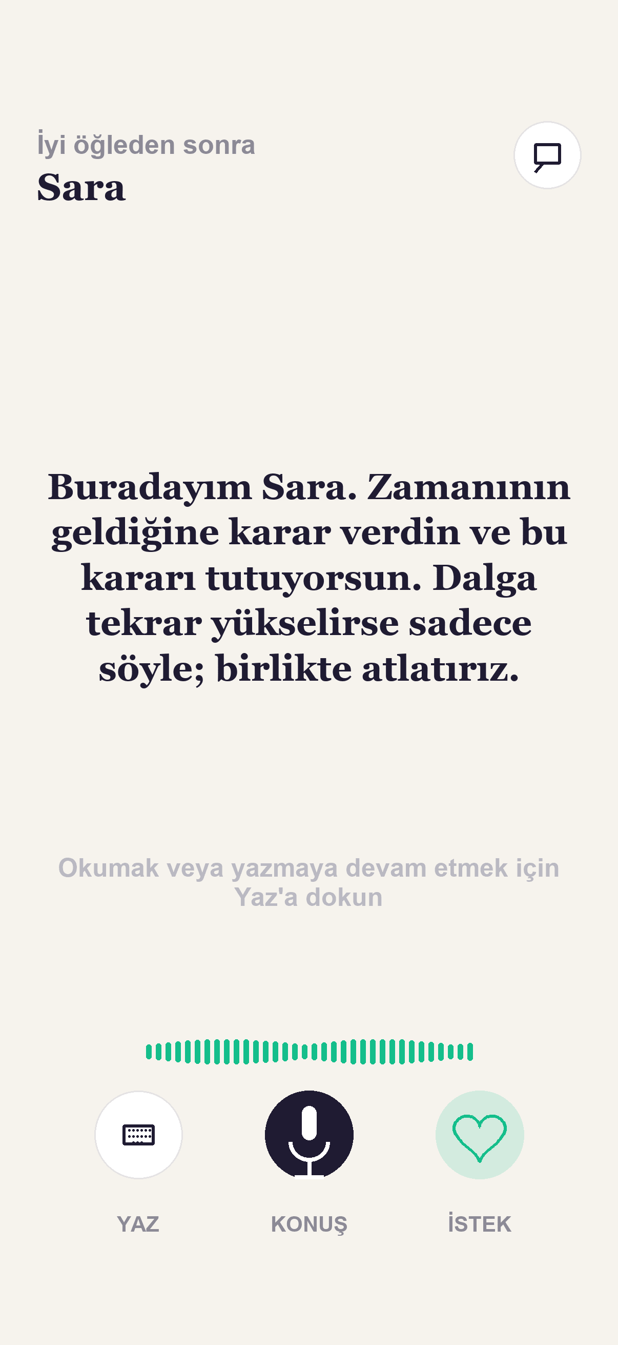 Destekleyici yanıt içeren Kaivo konuşma ekranı