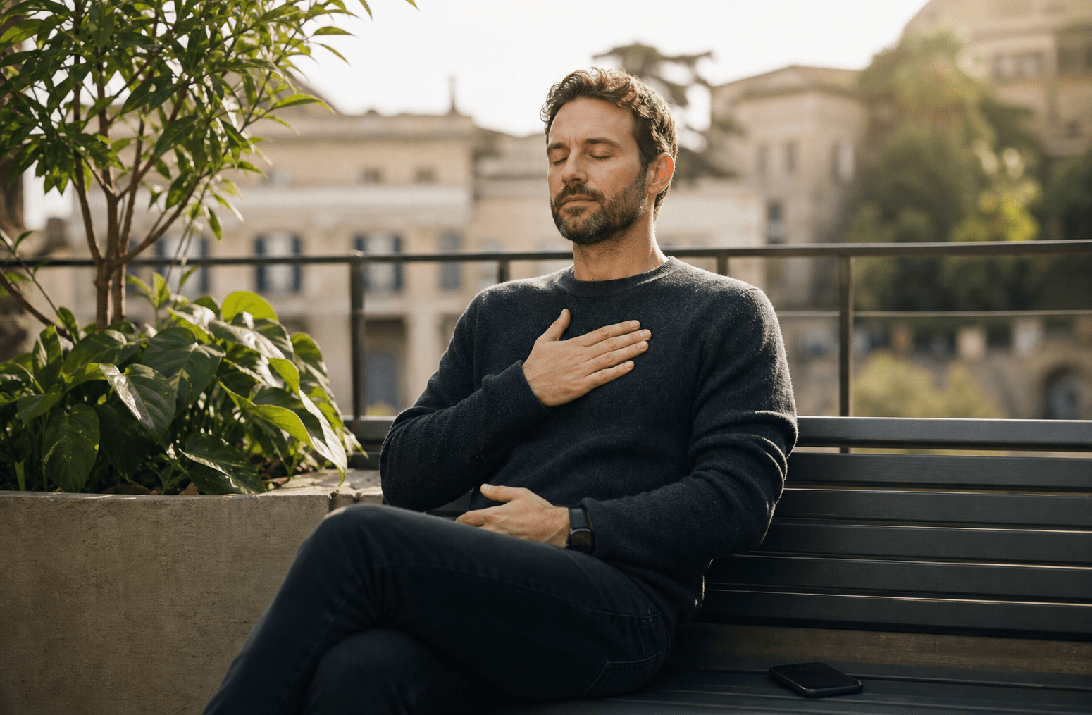 Person sitting calmly outside while breathing through a craving