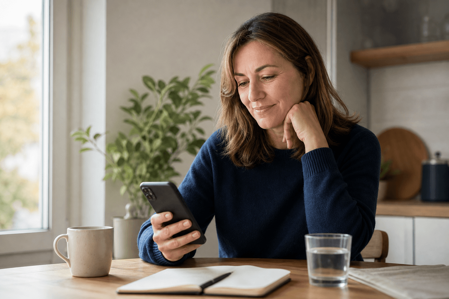 Person reviewing progress on a phone beside a notebook